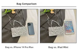Size comparison of silver metallic pleated handbag with chain strap, phone and tablet