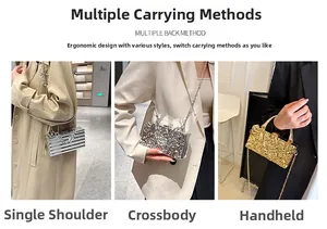 Detail showing metallic box bag worn as a shoulder, crossbody, and clutch style