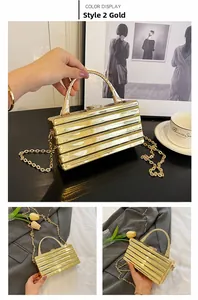 Detailed views of a gold metallic box clutch with parallel stripes and chain strap
