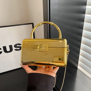 Mirror gold acrylic square box bag with bamboo metal handle and crossbody chain