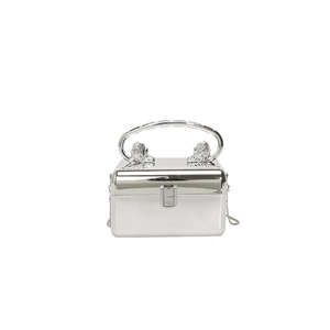 Silver metallic acrylic clutch bag with lion head handles and chain shoulder strap