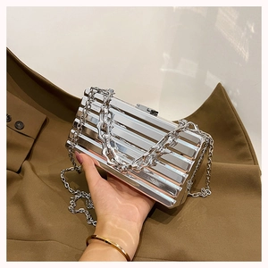 Macro shot of silver striped hard shell evening clutch with metallic chain and clasp detail
