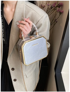 Detail of silver octagonal box bag with gold frame, twisted handle and chain strap
