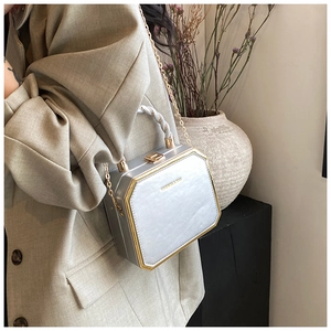 Close-up of silver octagonal hard shell clutch with gold hardware and woven handle