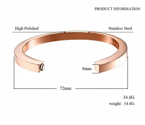 Detailed size chart of rose gold stainless steel cuff bangle with high polish finish