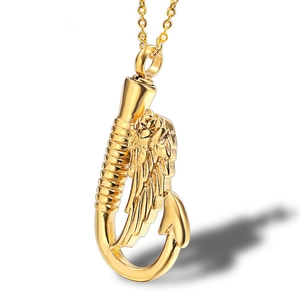 Engelsflügel Angelhaken Urne Halskette Titanstahl Gedenken Feuerbestattung Anhänger Für Asche Damen Herren Punk Schmuck