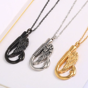 Fischhaken und Flügel Anhänger Halsketten in Schwarz, Silber und Gold Edelstahl