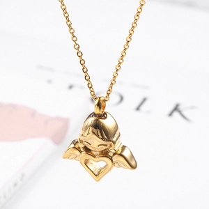 Polished gold angel urn pendant with heart cutout hanging on a fine O-chain necklace