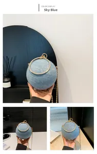 Macro detail of starry light blue spherical handbag with rhinestones and metal handle