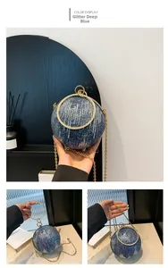 Detail of sequined dark blue spherical evening bag with gold ring handle and chain