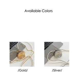 Shell-shaped evening clutch bag with pearl chain and metal finish in gold and silver