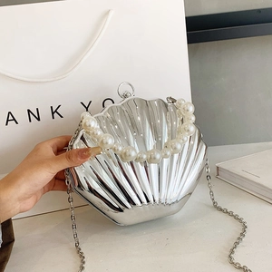 Women Luxury Shell Shaped Evening Bag Metallic Acrylic Clutch With Artificial Pearl Handle And Metal Chain Strap For Wedding Party