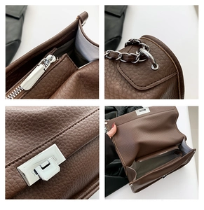 Detailed views of the textured leather, silver hardware, and interior of the dark brown bag