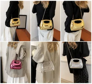 Lifestyle shots showing four colors of the metallic acrylic evening bag with chain