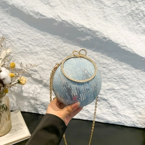 Blue denim spherical evening clutch bag with sequins, gold ring handle and chain strap