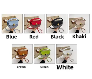 Multi-color collection of semi-circular crossbody bags with golden sphere metal buckles