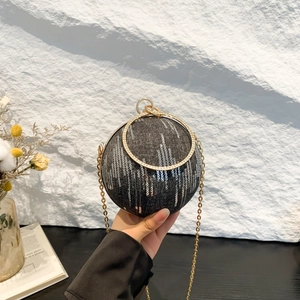Spherical denim evening bag with sequins, ring handle and gold chain strap