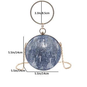 Blue denim spherical evening clutch bag with sparkling silver tassels and rhinestone handle