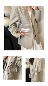 Detail of transparent PVC crossbody bag with gold chain strap and stylish top handle