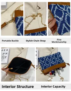 Detail view of denim crossbody bag with gold chain strap and inner multi-layer pockets