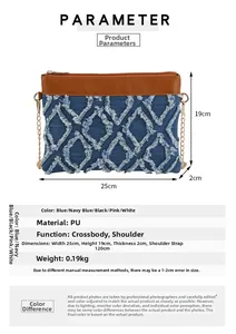 Blue denim crossbody bag detail with 25x19x2cm dimensions and diamond pattern
