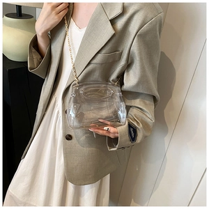 Chic clear acrylic handbag with gold chain strap carried by a woman in elegant style