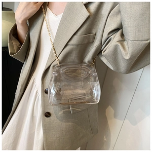 Detail of transparent PVC crossbody bag with gold chain strap on a beige suit model