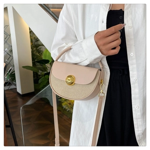 Detail of beige saddle bag featuring woven leather texture and gold metal buckle