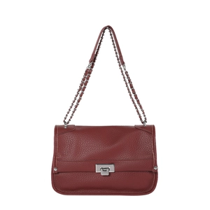 Burgundy litchi grain leather messenger bag with silver twist lock and chain strap