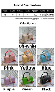 Detailed size chart and multi-color options for acrylic hard box handbags with chain