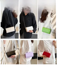 Minimalist rectangular chain crossbody bags shown in six diverse colors for daily wear