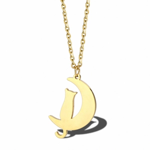 Collier Pendentif Chat Lune en Acier Inoxydable Minimaliste Élégante Silhouette de Chat Poli Bijoux de Mode Cadeau pour Femme