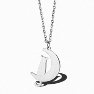 Collier élégant en acier inoxydable argenté avec pendentif chat assis sur un croissant de lune