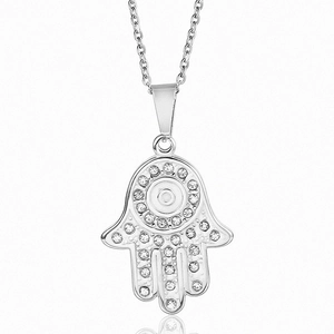 Collier Main de Fatma en acier inoxydable argenté orné de strass brillants sur chaîne fine