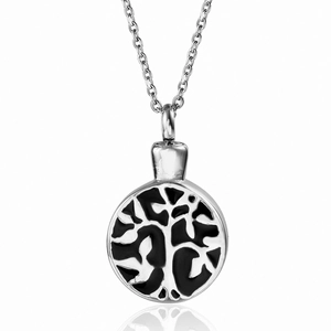 Polished stainless steel Tree of Life urn necklace with black enamel circular pendant