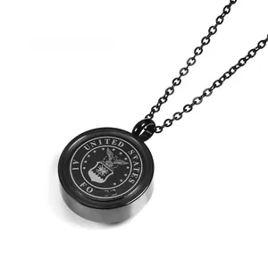 Detailed engraving of US Air Force eagle logo on black titanium steel urn pendant