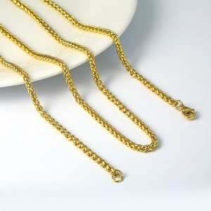 Collier chaîne épi en acier inoxydable doré poli avec fermoir mousqueton sur plat