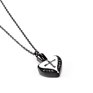 Collana a cuore nero per ceneri con croce e zirconi in acciaio al titanio