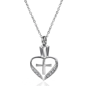 Collana per Urna a Forma di Cuore e Croce in Acciaio Inossidabile per Ceneri Ciondolo Commemorativo in Strass per Uomo Donna