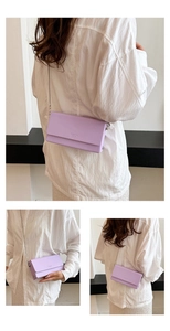 Close-up of a light purple small square bag with silver chain strap and matte leather texture