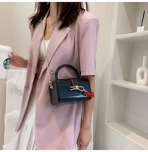 Detail of a black acrylic vanity case bag with gold chain strap on a pink blazer