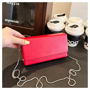 Close-up of a red leather crossbody bag featuring a silver snake chain and brand logo