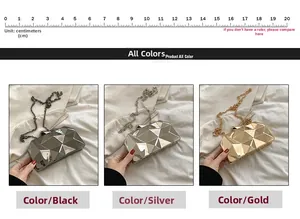Three geometric acrylic clutch bags in black, silver, and gold with metal chains and 20cm scale