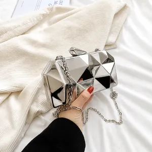 Silver geometric water cube evening clutch bag with mirrored triangles and metal chain
