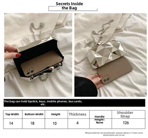 Detailed size guide table for silver geometric cube evening clutch bag with dimensions