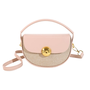 Pink leather and brown woven semicircular handbag with a gold sphere metal buckle