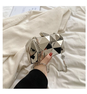 Silver geometric mirror acrylic clutch bag with metal chain strap for evening events