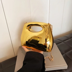 Golden acrylic mirror handbag with hollow handle and slim metal chain strap for women