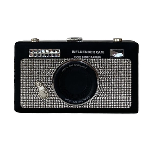 Borsa a tracolla creativa a forma di fotocamera con strass argento e pelle nera