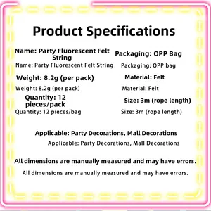 Detailed specifications for fluorescent felt party string decorations with 3m length